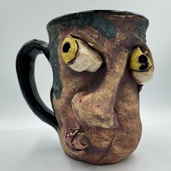 Unique Ugly Face Handmade 3D Pottery Coffee Mug Glossy Lippy Bulging Eyes - Picture 1 of 8